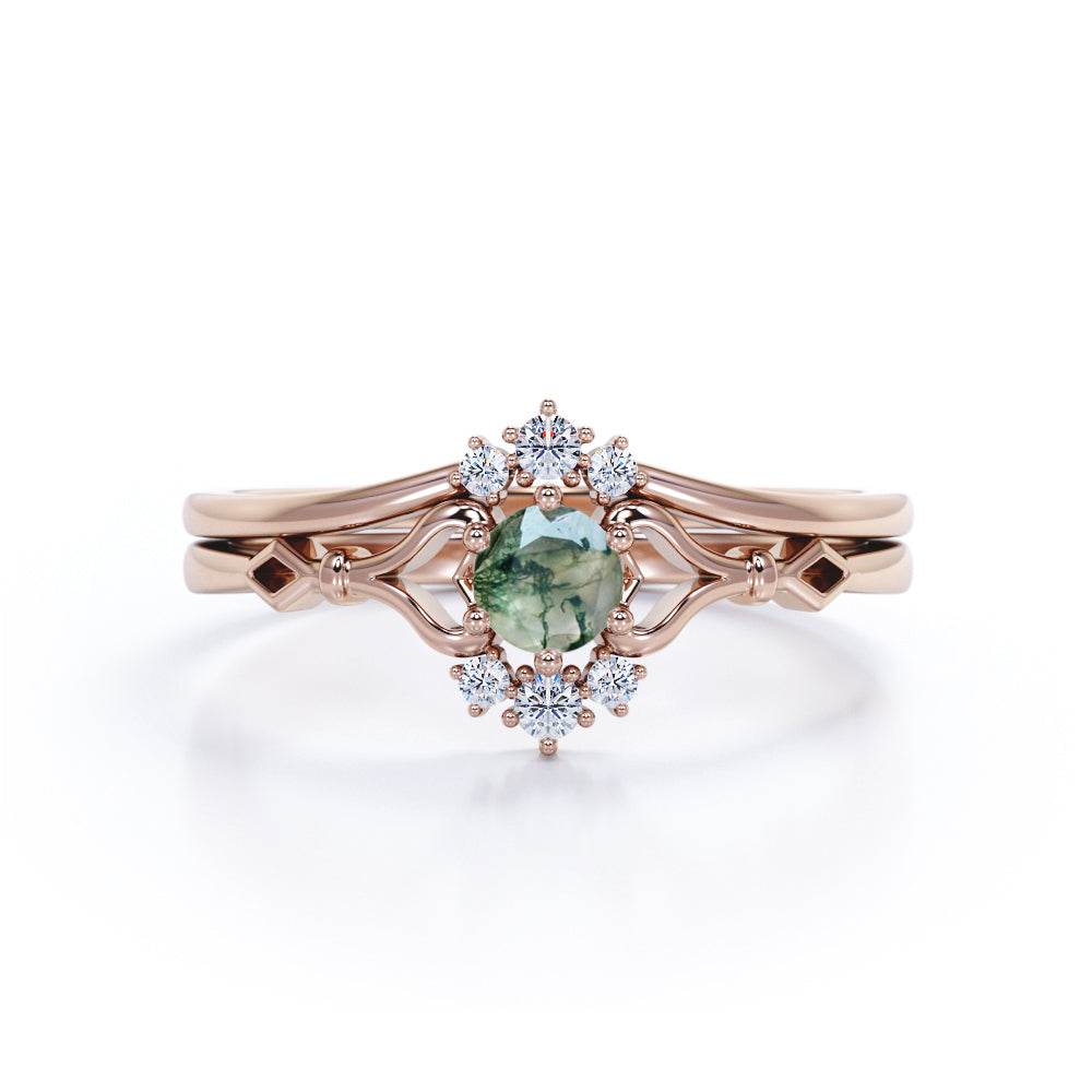 Heart Split Shank 0.6 carat Round Moss Green Agate and Moissanite Wedding Set in White Gold