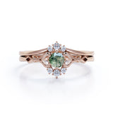 Heart Split Shank 0.6 carat Round Moss Green Agate and Moissanite Wedding Set in White Gold