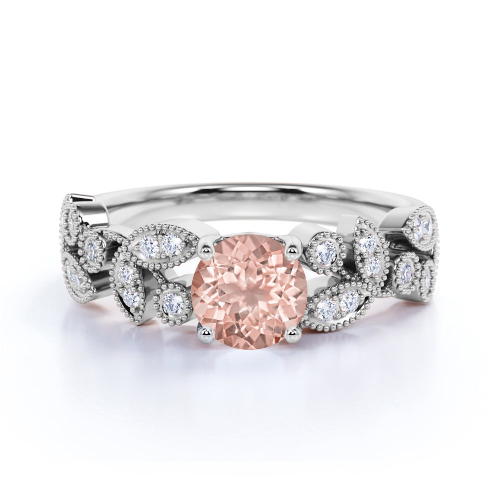 Floral 1.50 Carat Round Baby Peach Morganite and Diamond Antique Leaf Engagement Ring in Rose Gold