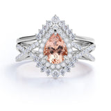 Infinity 1.75 ct Pear Morganite Halo Art Deco Wedding Set