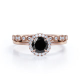 Antique Artdeco 1.50 Round cut Lab Black Diamond Wedding Bridal Set in Rose Gold