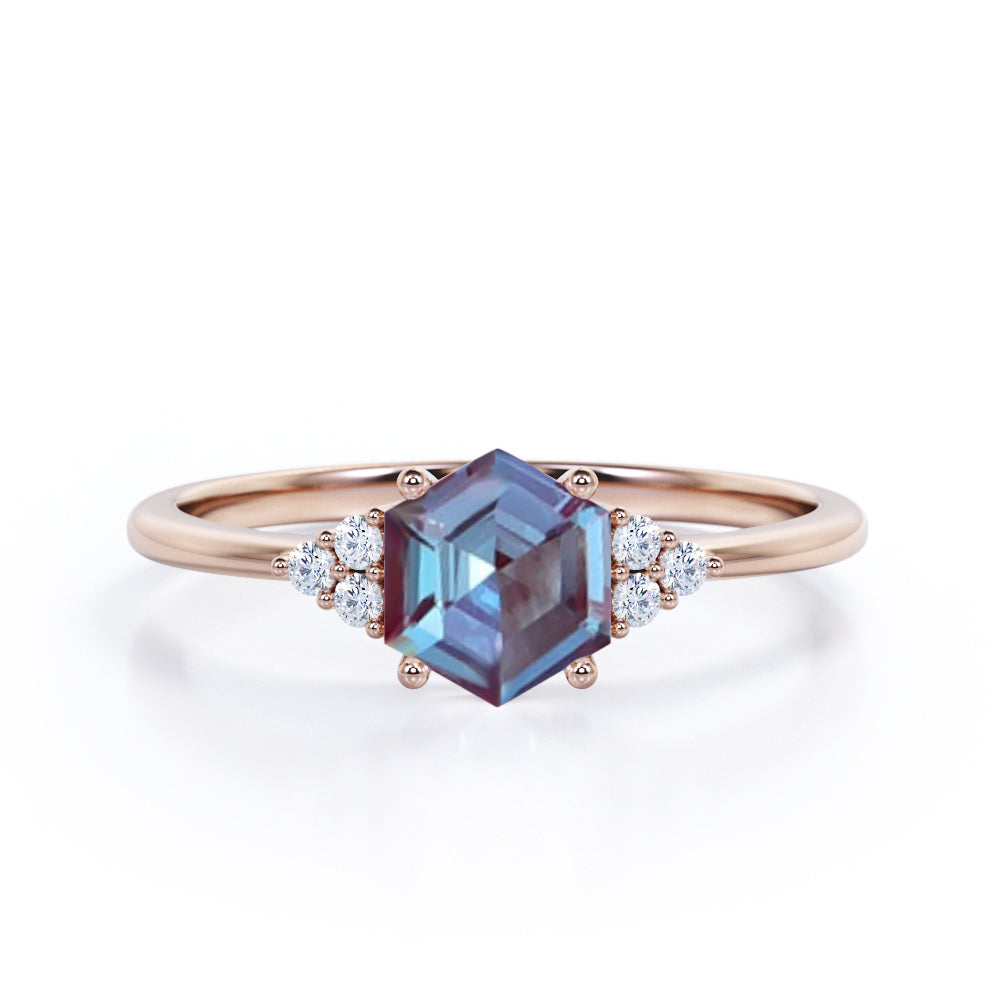 Four Prong Basket Set 1.15 Carat Hexagon Cut Lab Created Alexandrite  And Diamond Seven Stone Engagement Ring In White Gold