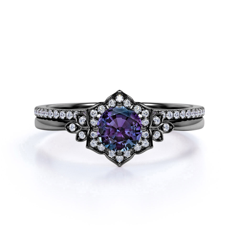 Tapered Floral Design 1.50 Carat Round Cut Lab Made Alexandrite and Diamond Cluster Pave Wedding Ring Sets for Her