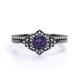Tapered Floral Design 1.50 Carat Round Cut Lab Made Alexandrite and Diamond Cluster Pave Wedding Ring Sets for Her
