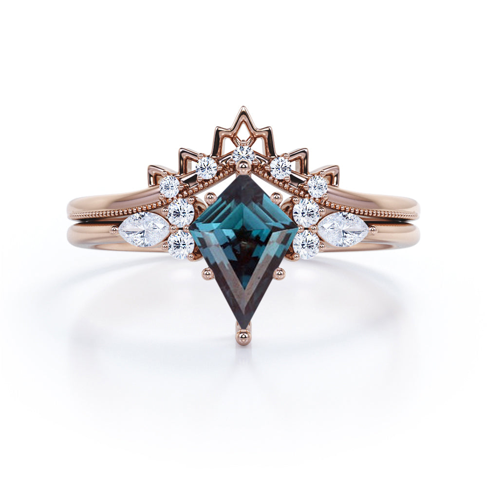 1 Ct Kite Cut Lab Alexandrite Filigree Bridal Set