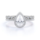 1.50 Carat pear cut Moissanite Wedding Ring Set in 18k White Gold Over Silver