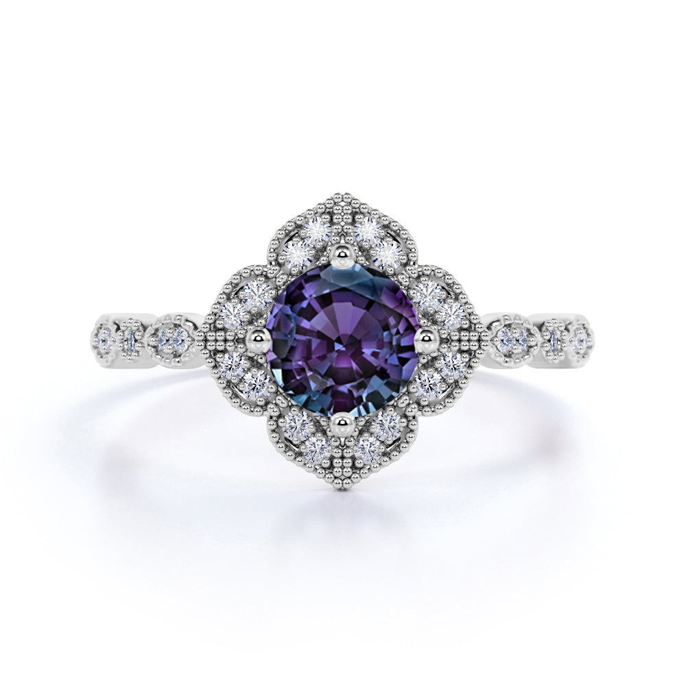 1.25 Ct Round Lab Alexandrite Milgrain Engagement Ring