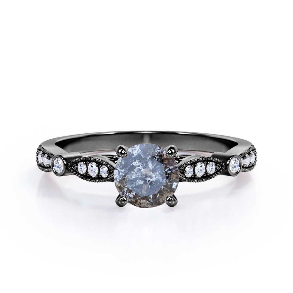 0.50 Carat Round Salt and Pepper Diamond Art Deco Engagement Ring