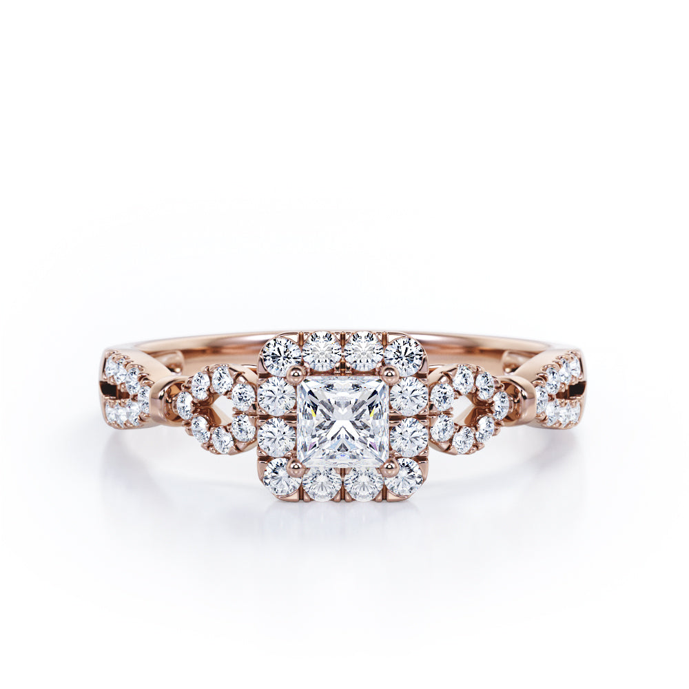 0.5 TCW Princess Cut Diamond - Triple Halo Design - Split Shank Pave Engagement Ring - 10K Black Gold