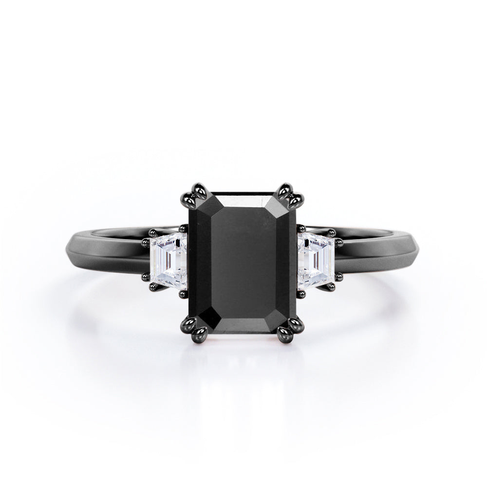 Past, Present and Future 1.10 Carat Emerald Cut Black Diamond Three Stone Engagement Ring In White Gold