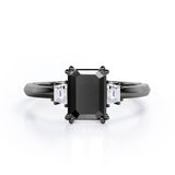 Past, Present and Future 1.10 Carat Emerald Cut Black Diamond Three Stone Engagement Ring In White Gold