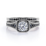 Filigree Pave Channel 1.6 TCW Round Moissanite with Lab Created Black Diamond Double Prong Cluster Wedding Set in Black Gold