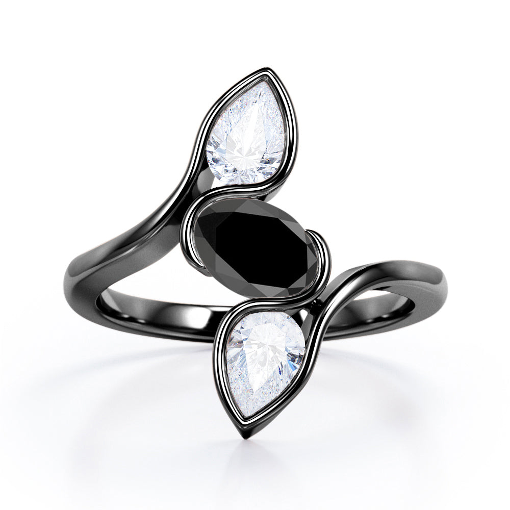 Distorted Line Triple Stone 1 carat Oval and Pear Black Diamond Ring in Rose Gold
