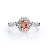 Plain Band 1.50 Carat Oval Cut Morganite and Diamond Halo Engagement Ring in Rose Gold