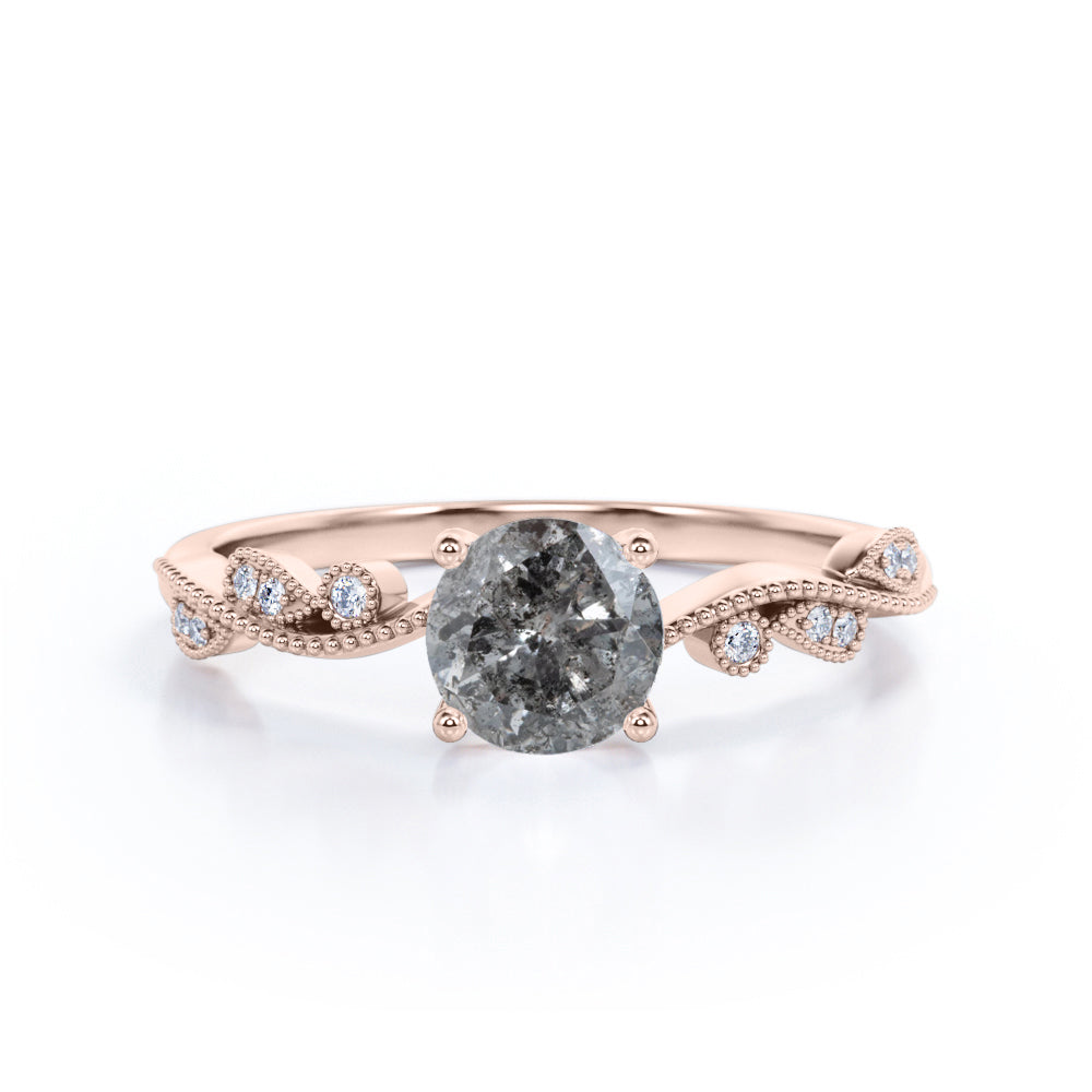 .60 Carat Round Brilliant Dark Grey Salt and Pepper Diamond Art Deco Engagement Ring in White Gold