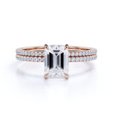 1.50 Carat emerald cut Moissanite and Diamond Halo Bridal Set in 10k Rose Gold
