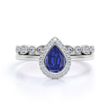 Affordable 1.45 Carat Pear cut Lab-Created Sapphire and Diamond Antique Wedding Ring Set in White Gold