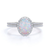 1.75 ct Halo Oval Cut Fire Opal and Moissanite Antique Wedding Ring Set in 18K White Gold over Silver