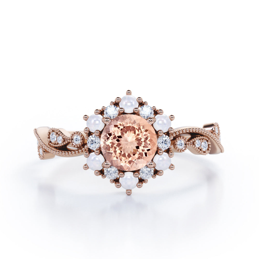 Floral Halo 0.7 carat Round Morganite and Diamond Engagement Ring in White Gold