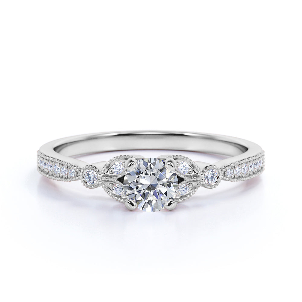 Leaves 1 Carat Round Moissanite and Diamond Modern Art Deco Engagement Ring in Rose Gold