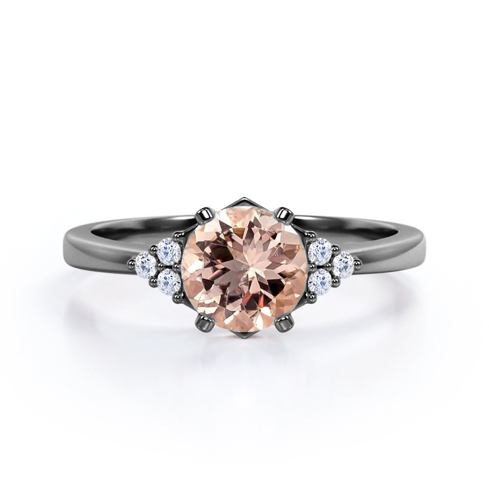 Dainty Ring For Her - 0.55 carat Round Morganite and Moissanite Minimal Style Engagement Ring in White Gold