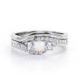 3 Stone Shared Prong - 1 TCW Princess Cut Opal and Moissanite - Pave Curved Shank Wedding Set - White Gold