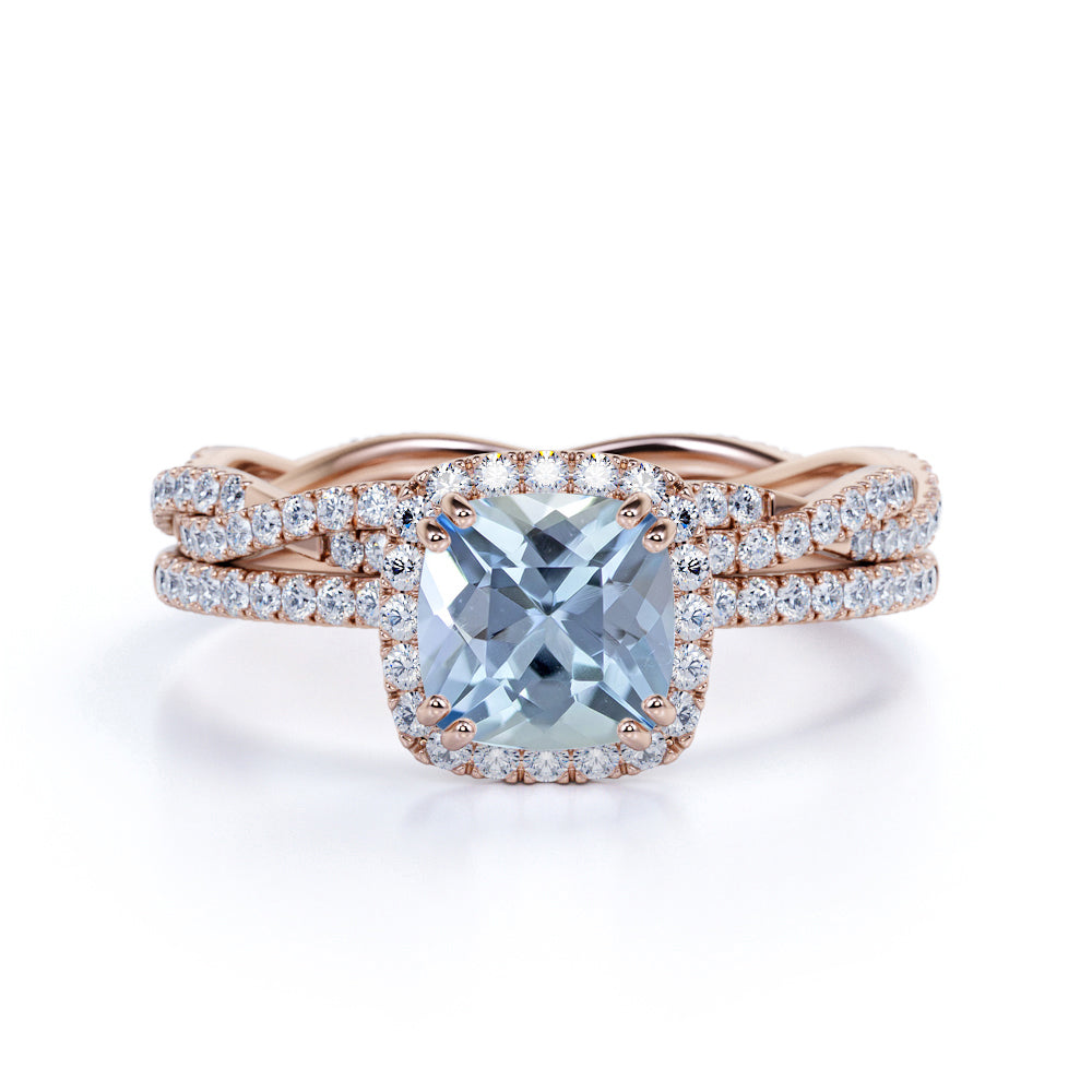 Infinity 1.50 ct Cushion Aquamarine Halo Wedding Ring Set
