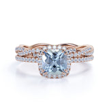 Infinity 1.50 ct Cushion Aquamarine Halo Wedding Ring Set