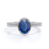 Perfect 1.25 Carat Oval cut Sapphire and Diamond Bridal Ring Set in White Gold