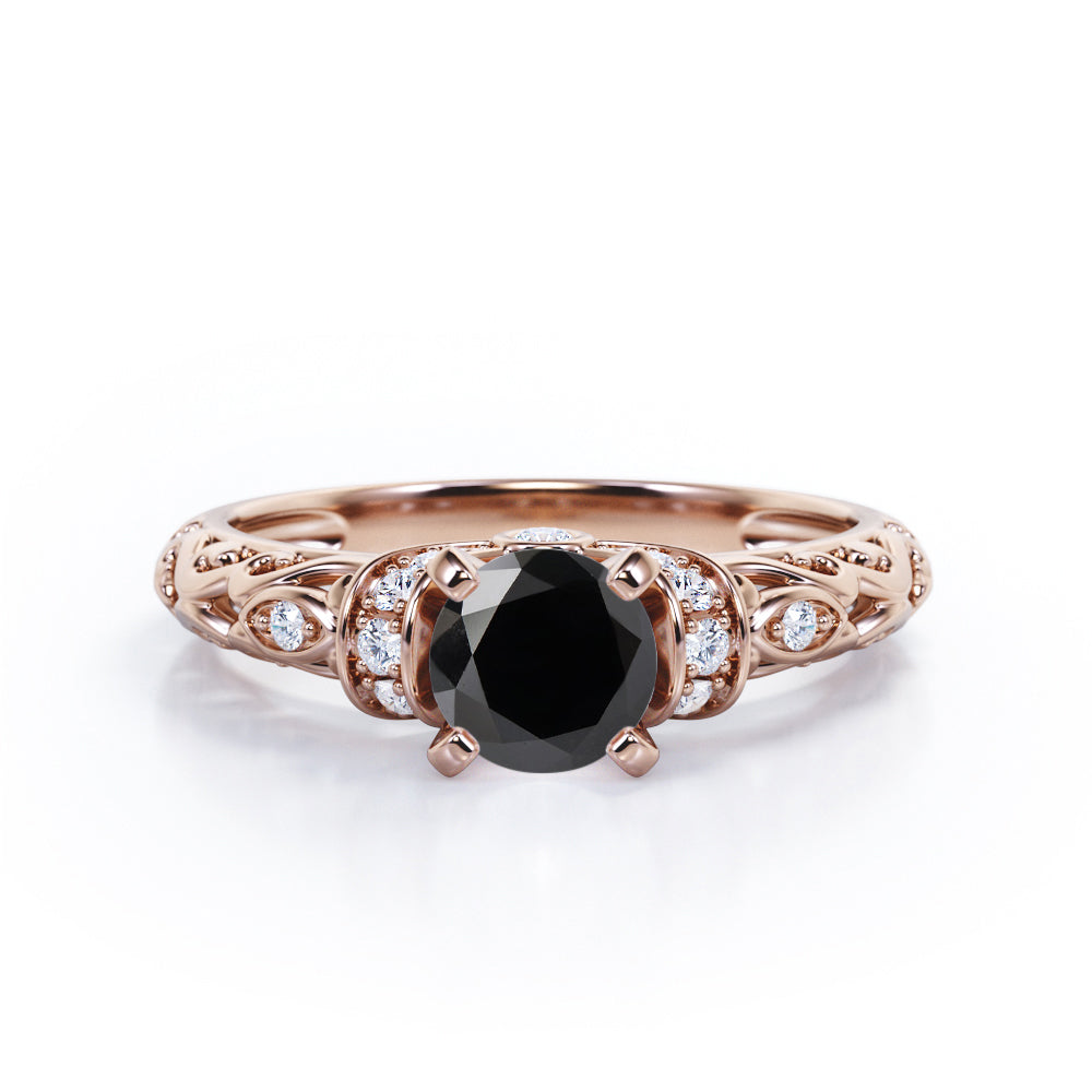 Classic Four Prong 1.15 Carat Round Cut Black Diamond Art Deco Engagement Ring In Black Gold