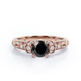 Classic Four Prong 1.15 Carat Round Cut Black Diamond Art Deco Engagement Ring In Black Gold