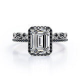 Art Deco Filigree Milgrain 1.65 TCW Emerald Cut Moissanite with Lab Created Black Diamond Halo-Style Wedding Set in Rose Gold