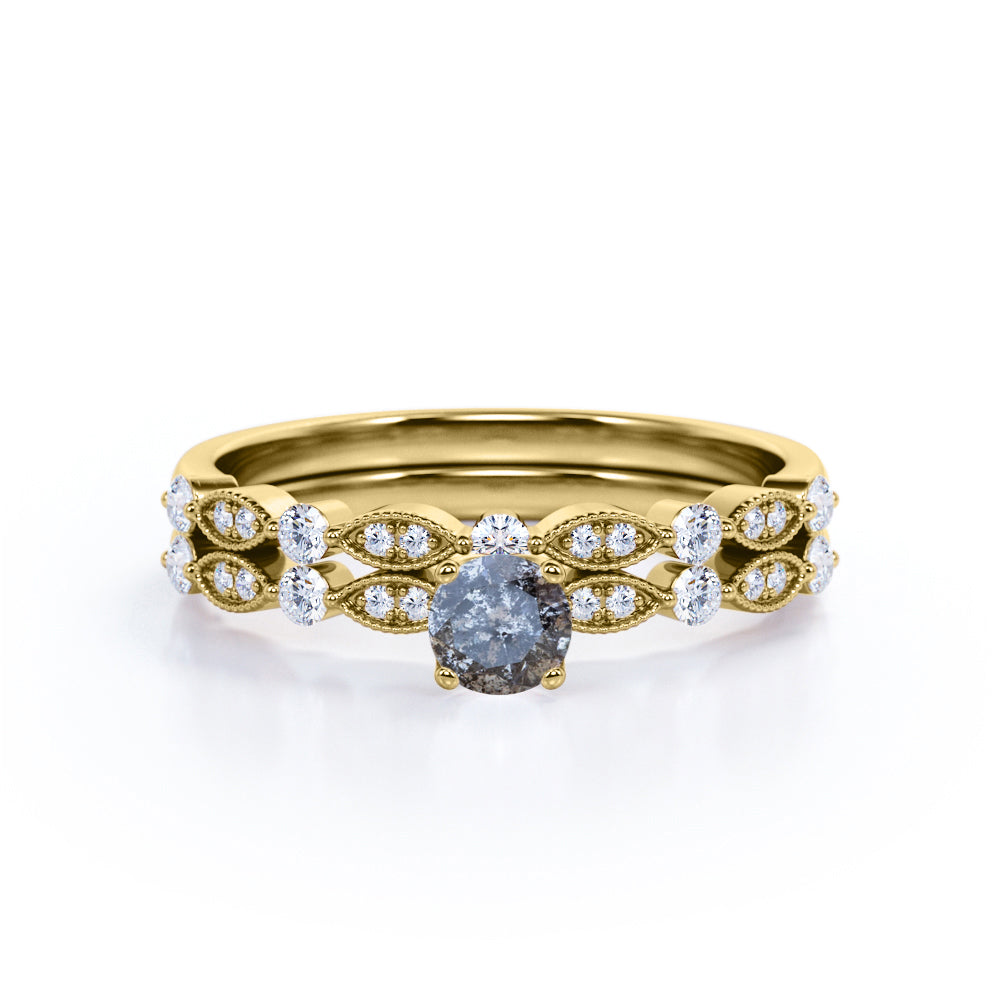 Classic 0.60 Carat Round Cut Natural Salt And Pepper Diamond Art Deco Wedding Ring Set In White Gold.