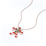 Christmas Candy Cane Diamond Enamel Pendant Necklace in 18K White Gold Plating over Silver
