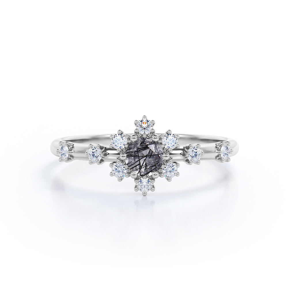 Minimalist Snowflake Cluster 0.75 Carat Round Cut Solid Tourmaline Black Rutilated Quartz and Diamond Engagement Ring - Promise Ring