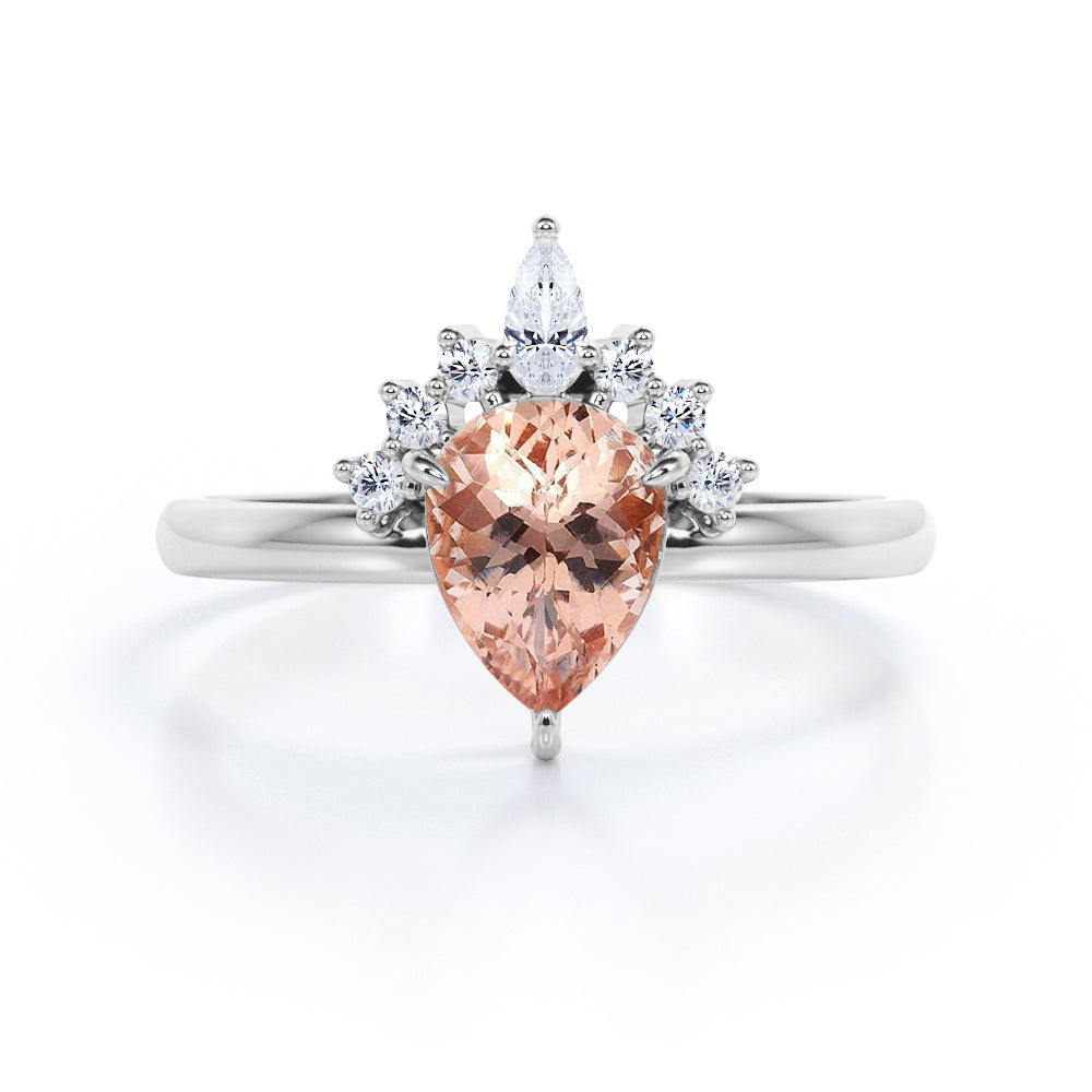 Half-Crown Halo 0.55 carat Pear Morganite and Moissanite Engagement Ring in Rose Gold