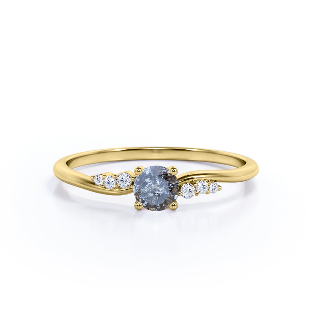 Bypass Prong Setting 0.65 Carat Round Cut Natural Dendritic Black Rutilated Quartz and Diamond 7 Stone Promise Ring - Engagement Ring