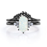 Floral 1.15 Ct Hexagon Cut Lab Created Opal Wedding Ring Set