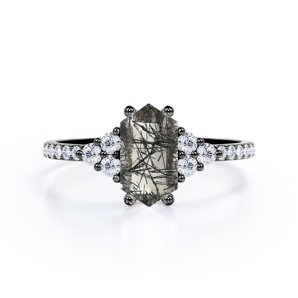 1.45 ct Hexagon Black Rutilated Quartz Pave Engagement Ring