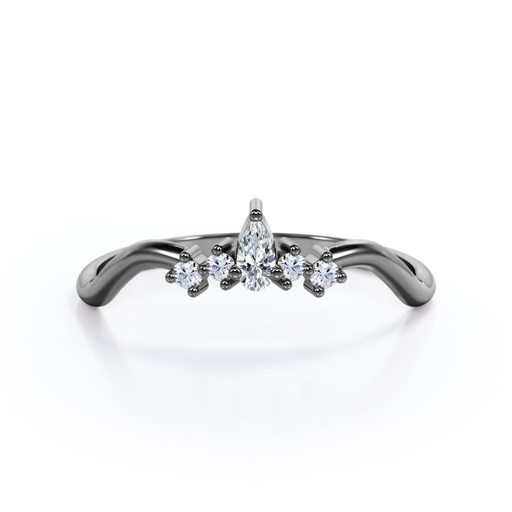 Prong Cluster 0.10 TCW Pear and Round Cut Diamond Curved Wedding Band in White Gold