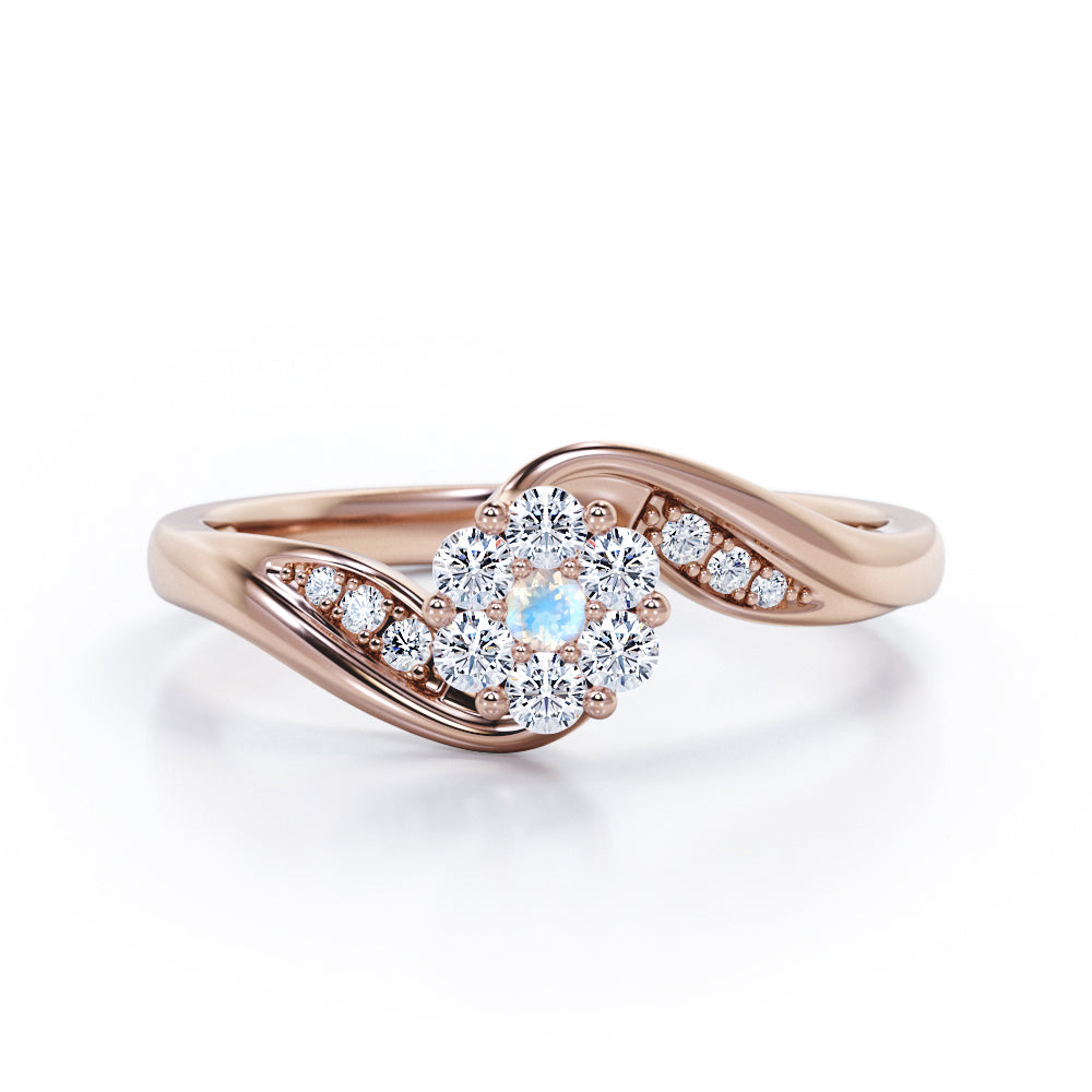 Floral Cloud Clustered 0.55 carat Round Moonstone and Moissanite Distorted Engagement Ring in White Gold