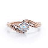Floral Cloud Clustered 0.55 carat Round Moonstone and Moissanite Distorted Engagement Ring in White Gold