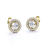 Half Bezel Set 1.10 Carat Round Certified Moissanite and Diamond Under Halo Modern Stud Earrings in White Gold