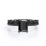 Milgrain Filigree - 1.55 TCW Emerald Cut Lab Created Black Diamond - Pave Accented Bridal Ring Set in White Gold