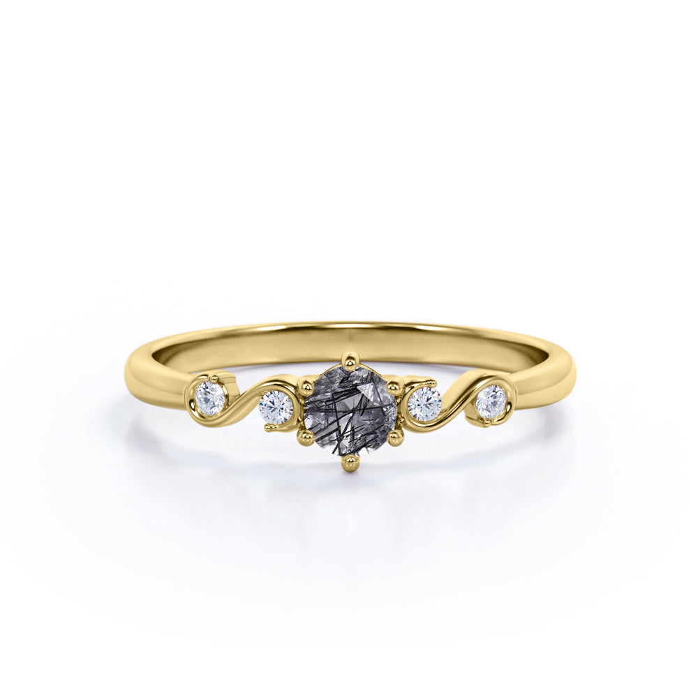 Dainty 6 Prong 0.60 Carat Round Cut Black Hair Dendritic Rutilated Quartz and Diamond Twist Engagement Ring