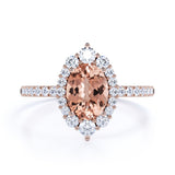 Shared Prong1.50 Carat Oval Shape Dark Pink Morganite and Diamond Halo Snowflake Engagement Ring in Rose Gold