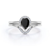 Unique 1.25 Carat Teardrop Shape Lab Black Diamond Bridal Set with contour band in White Gold