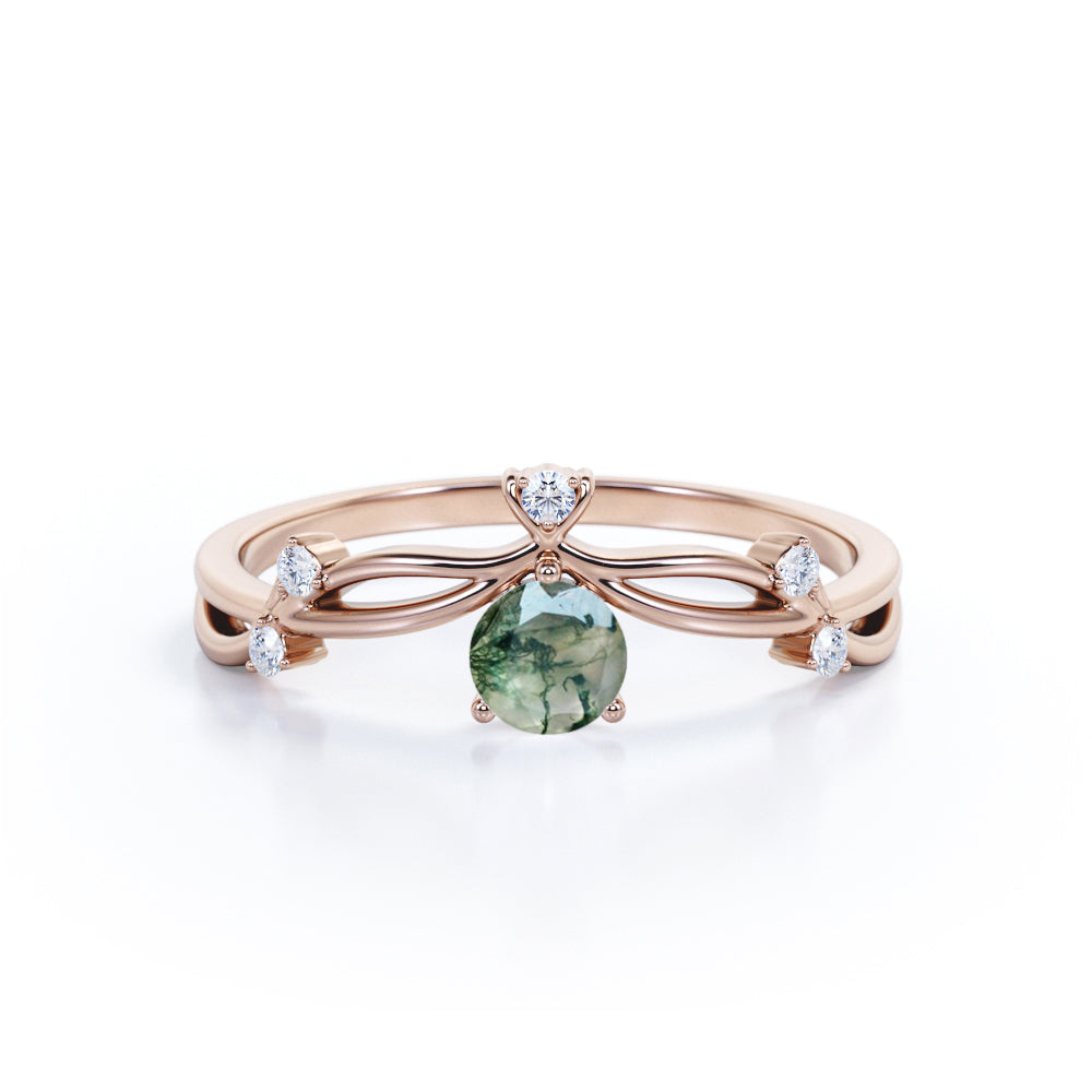 Twisted Up-Side Down 0.55 carat Round Moss Agate and Moissanite Engagement Ring in White Gold