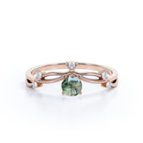 Twisted Up-Side Down 0.55 carat Round Moss Agate and Moissanite Engagement Ring in White Gold