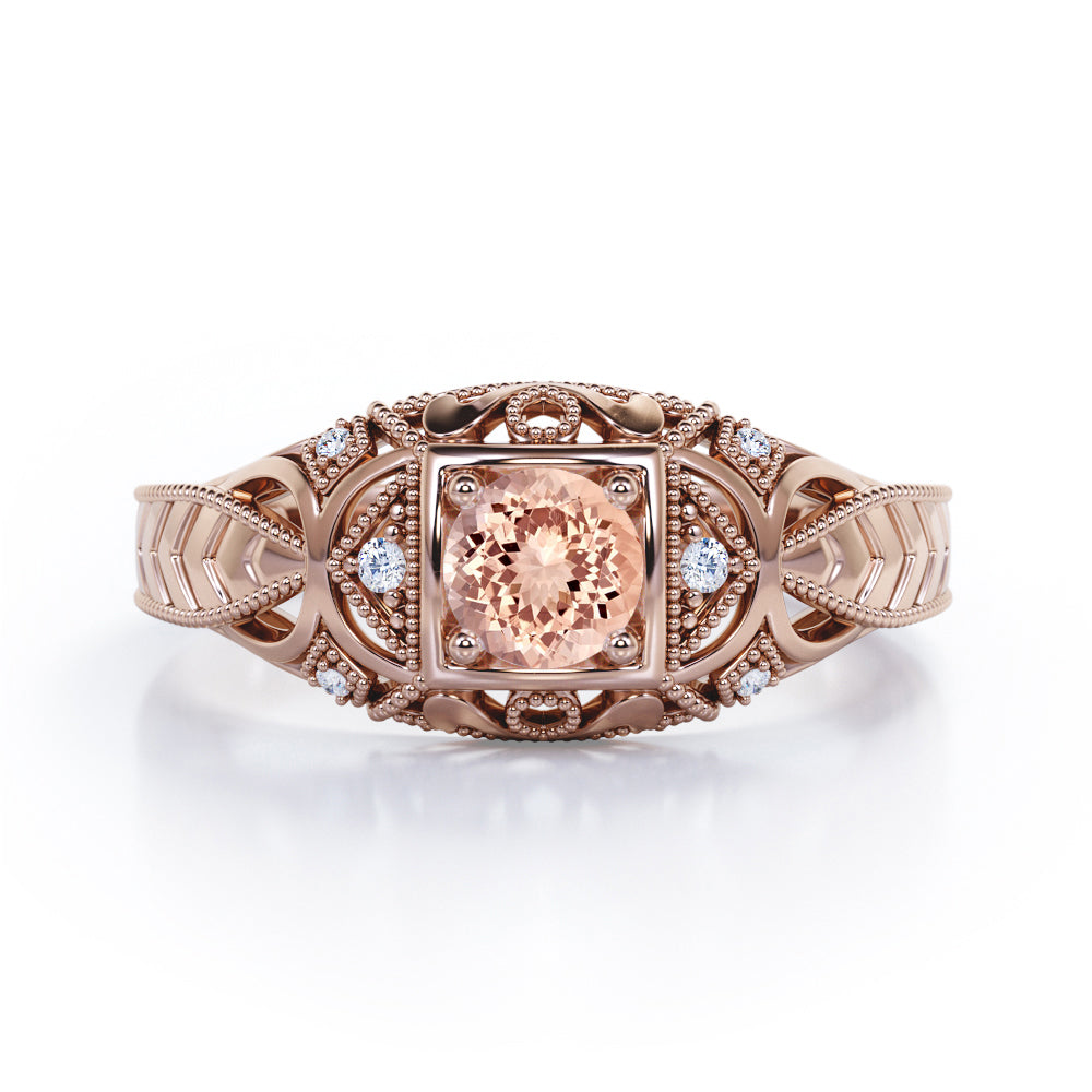 Art Deco Style 1.05 Carat Round Cut Morganite And Diamond Square Framed Vintage Filigree Engagement Ring In White Gold